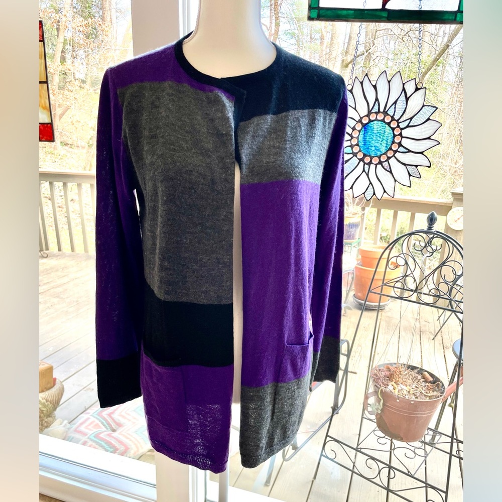 Appleseed’s Colorblock open front Cardigan in Purple and Gray and black